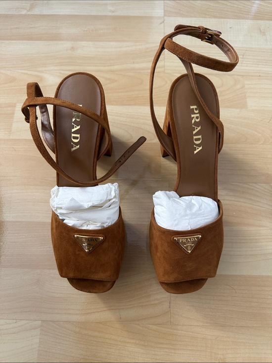 Prada Shoes - Prada Tan Suede Ankle-Strap Block Heels